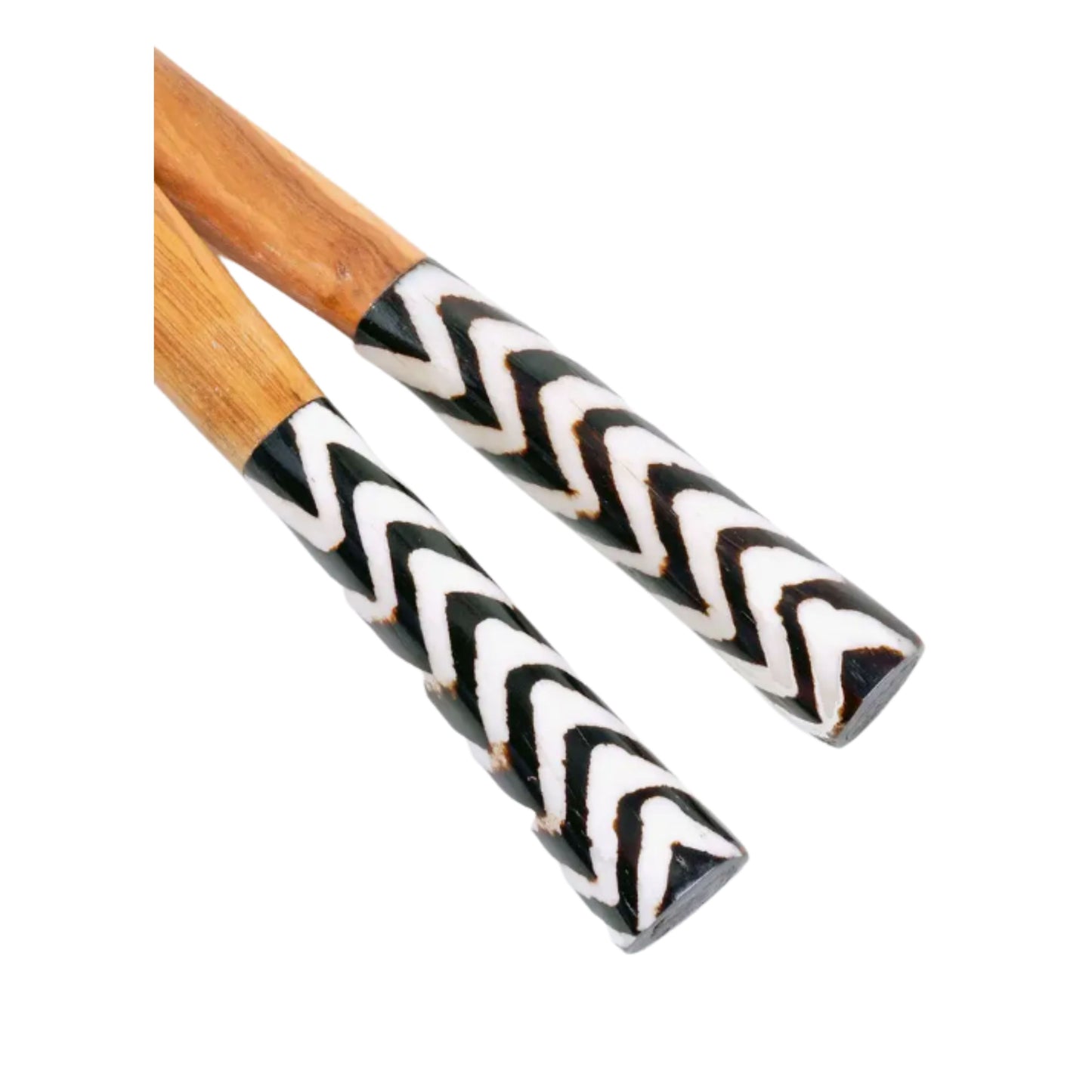 Hand-Carved Kenyan Olive Wood Wooden Chevron Stripe Design Bone Handles Salad Server Set Kitchen Utensils
