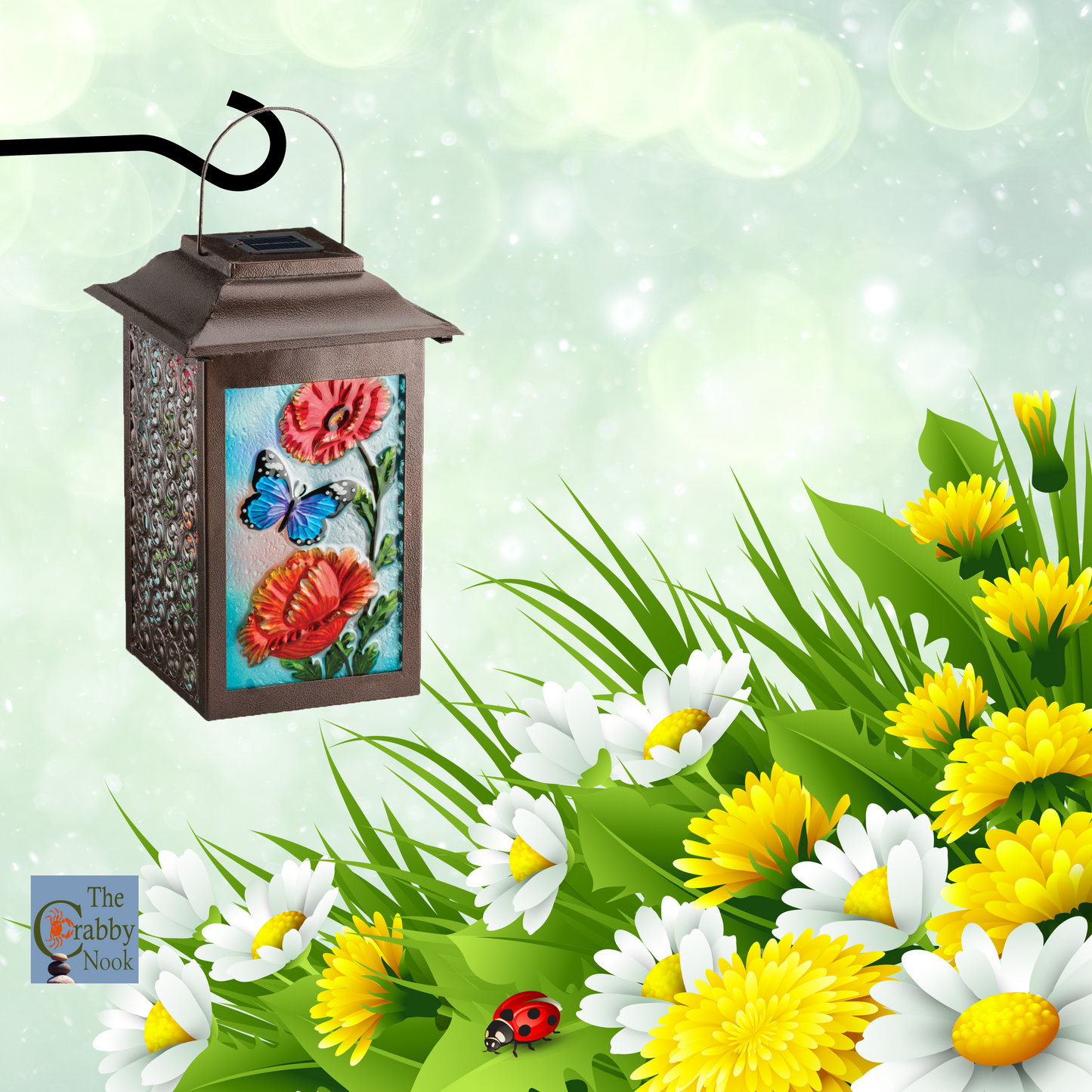 Solar Garden Lantern 16.5" Butterfly Outdoor LED Light Colorful Painted Glass Panels