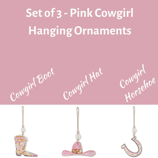 Cowgirl Pink Hanging Holiday Ornaments Set of 3 Hat Boots Horseshoe
