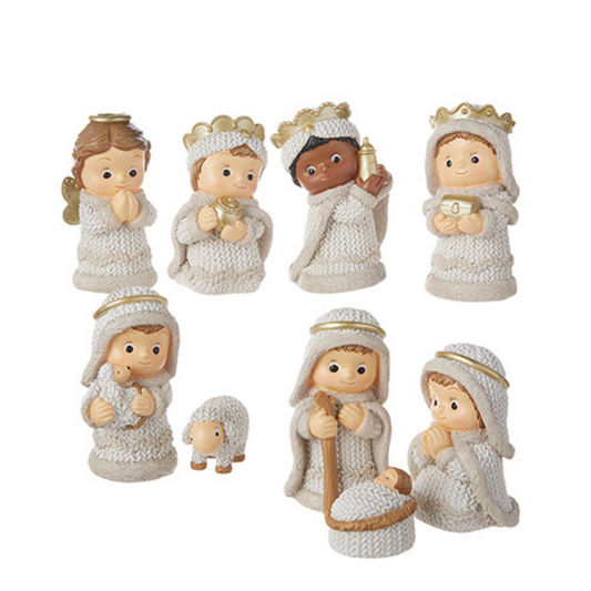 Children's Christmas Holiday Nativity Set Knit Look Costume Resin 4 Inch Miniature 9 Pc