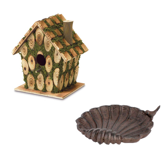 Small Wild Birds Feeder Cast Iron Scallop Shell w Bird & Moss Edged Wooden Birdhouse Outdoor Wildbird Gardening