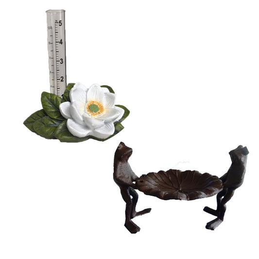 Fire Sale! 2 Frogs Holding Lotus Leaf Small Bird Feeder Cast Iron Outdoor w Small Lotus Rain Gauge