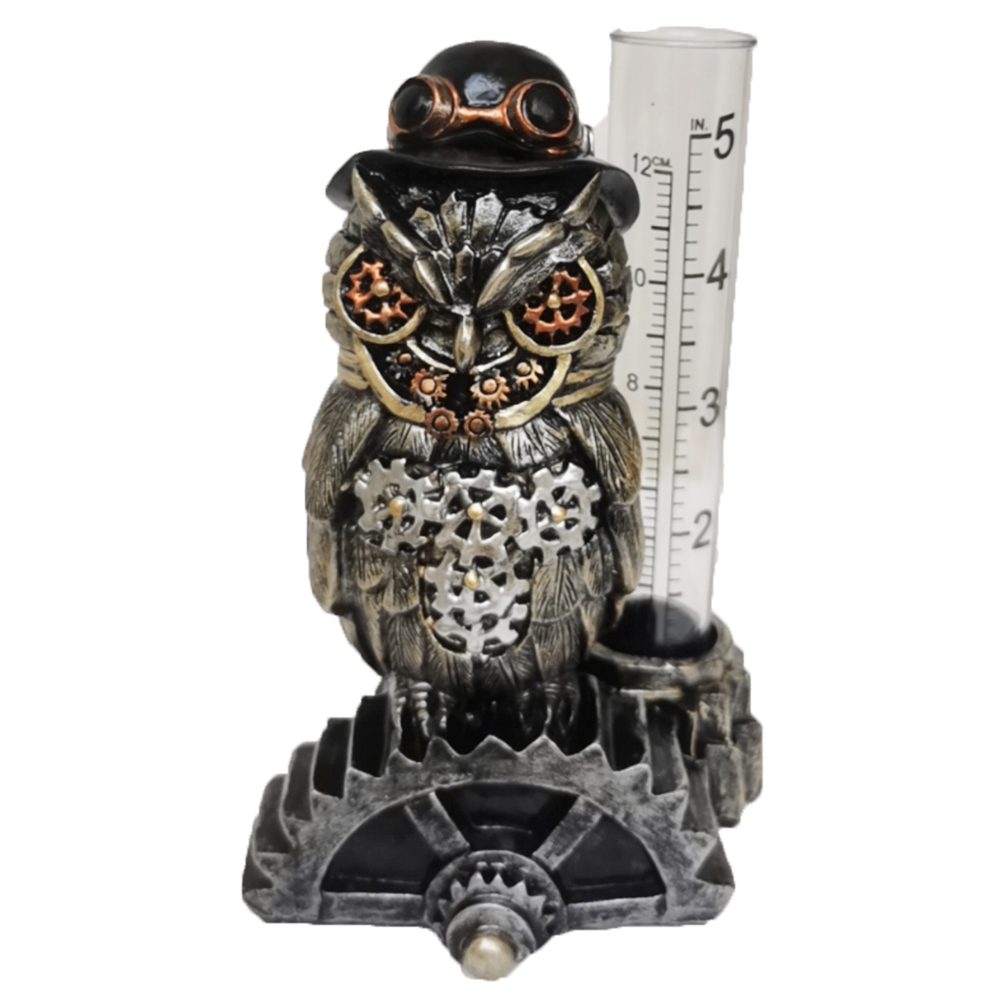 Fire Sale! Small Rain Gauge Outdoor Garden Decor Guage (Steampunk Owl w Aviator Hat)