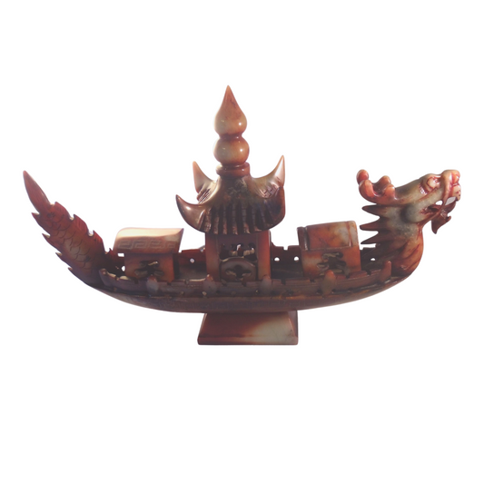 Dragon Ship Red Jade Stone Asian Antiques Sculpture