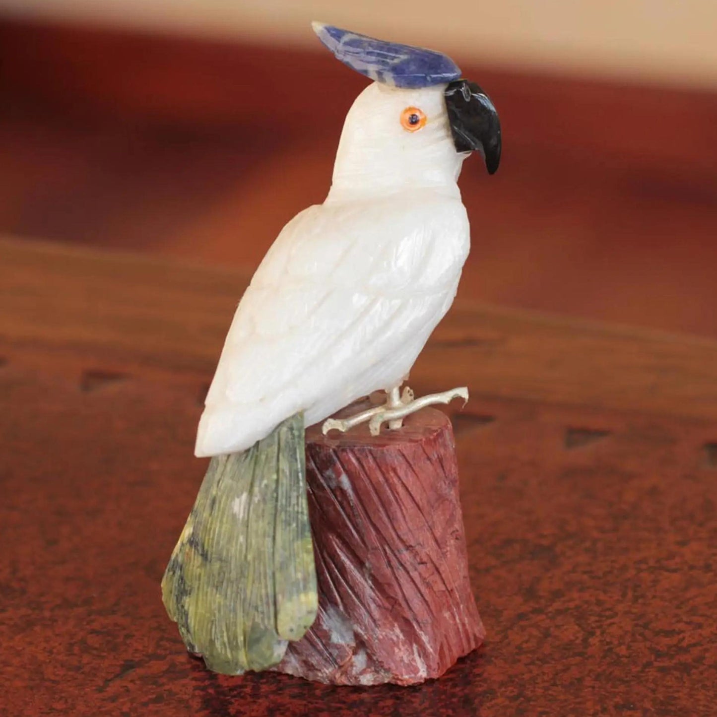 Perky Cockatoo Calcite and Garnet Sculpture Home Decor Bird Statue Decoration