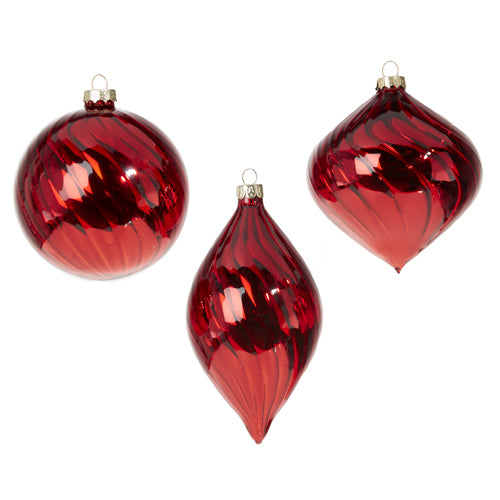 Red Blown Glass Ornament, Asst 4" Set of 3 Holiday Decor