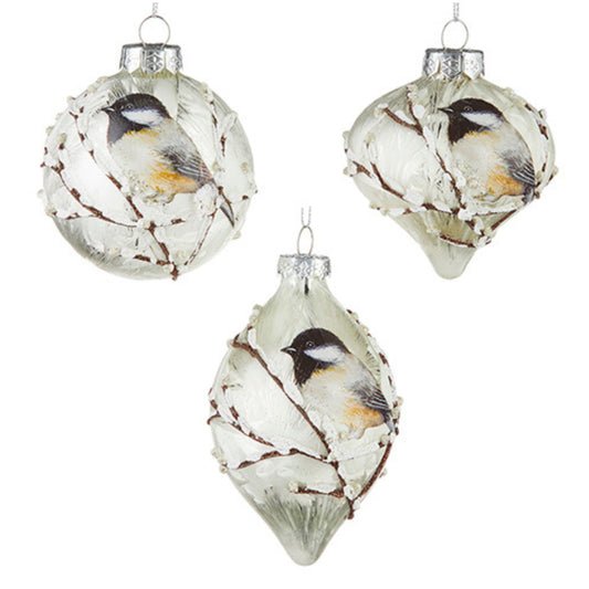 CHICKADEE Glass Hanging Ornament Christmas Holiday Decor Set of 3 Assorted