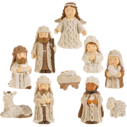 Children's Christmas Nativity Set Knit Look Costume Resin 3 Inch Miniature 10 Pc Seasonal Holiday Decor