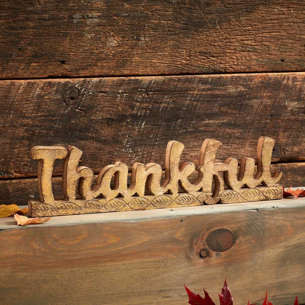 Hand Carved Wood Thankful Rustic Word Art Table Decor