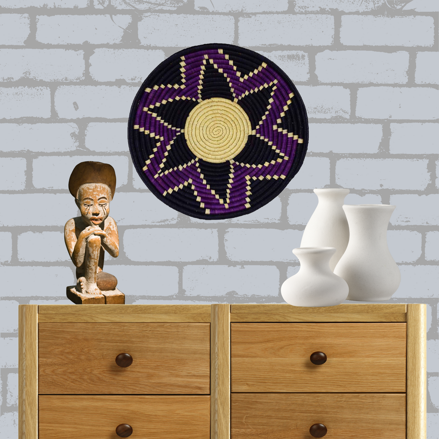 Fire Sale! Purple and Navy Burst Design Fruit or Display African Basket Handwoven Home Decor