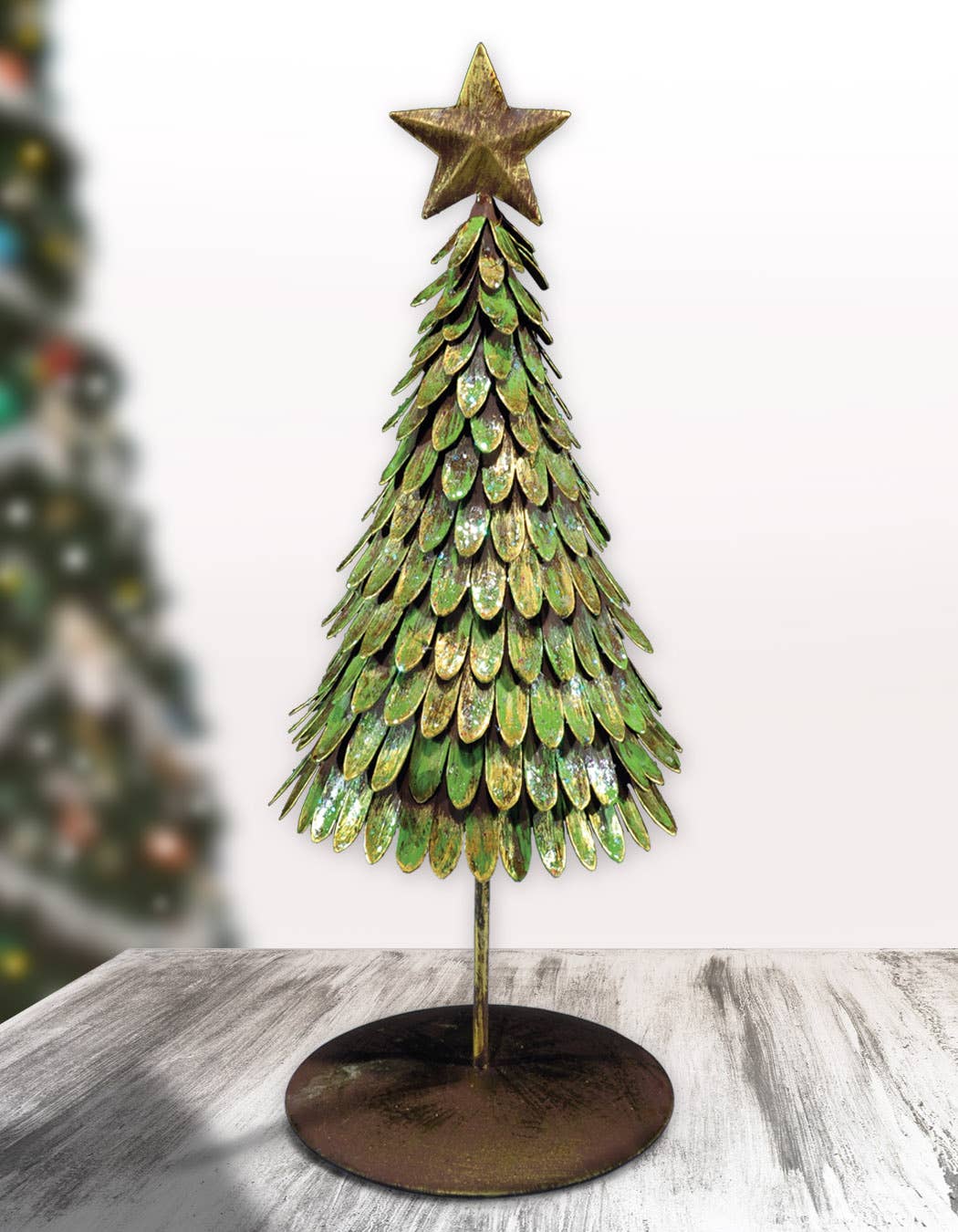 Christmas Tree 14" Green Glitter with Gold Star Metal Holiday Decor