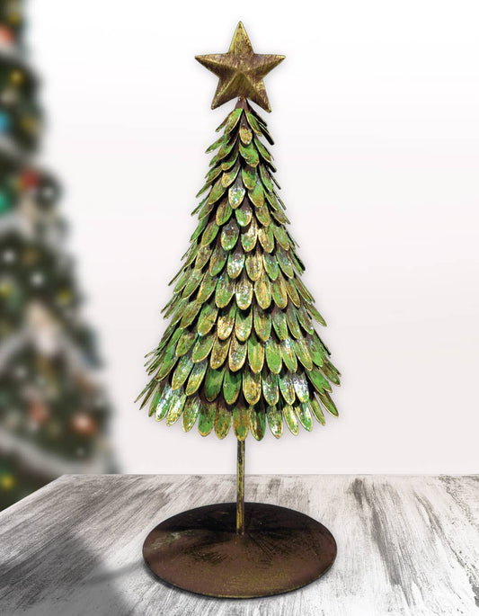 Christmas Tree 14" Green Glitter with Gold Star Metal Holiday Decor