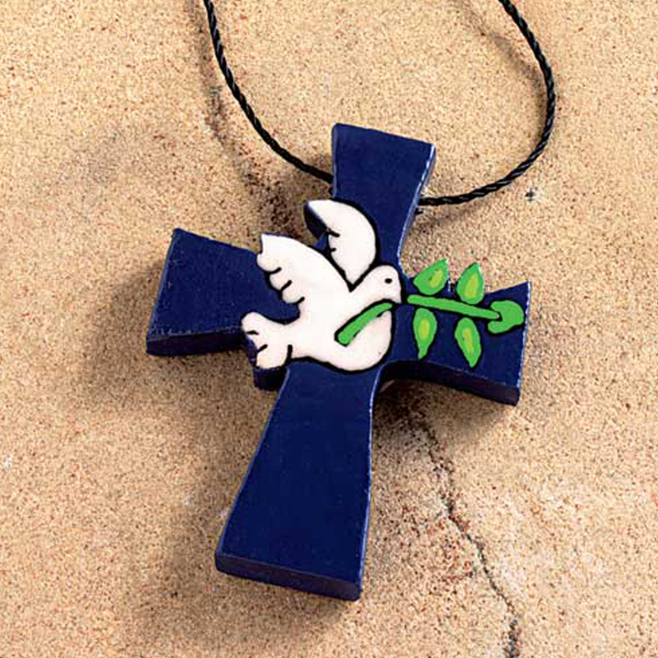 Necklace Blue Wooden Cross with White Dove of Peace