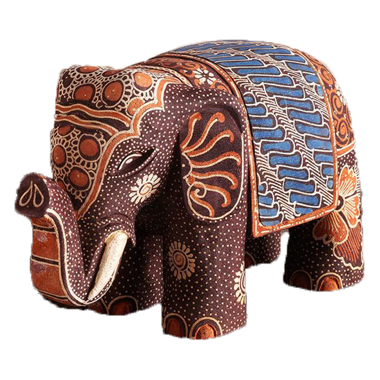 Brown Batik Elephant Statue Hand Crafted Wood Animal Tabletop or Shelf Decor