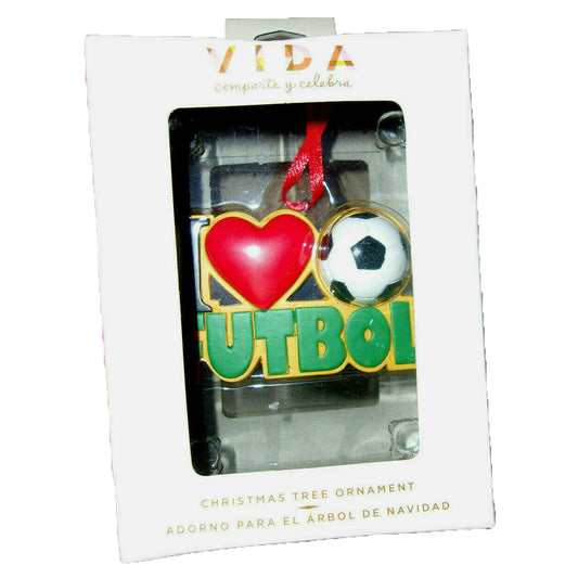 Hallmark Christmas Holiday Ornament Spanish I Love Futbol with Red Heart & Soccer Ball
