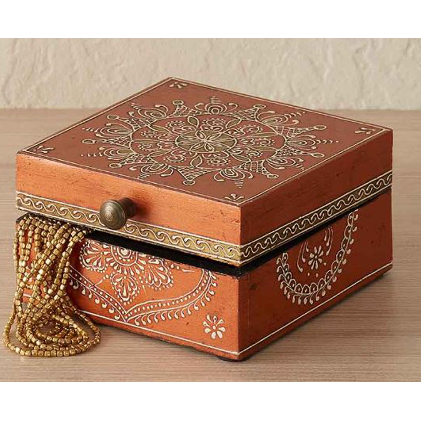 Fire Sale! Mango Wood Keepsake Decorative Box Hand Painted Raised Metallic Design