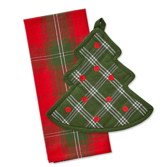 O' Christmas Tree Potholder w Dishtowel Towel Gift Set Holiday Print