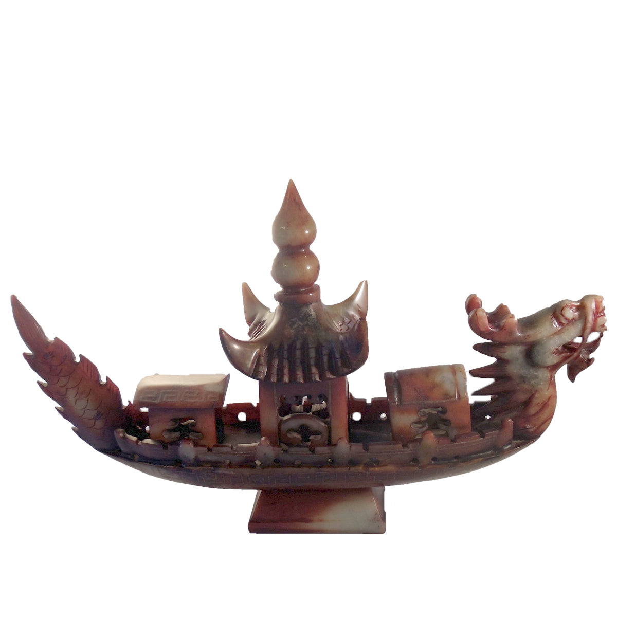 Dragon Ship Red Jade Stone Asian Antiques Sculpture
