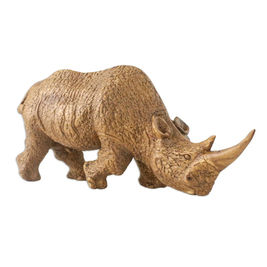 Handmade Respectful Rhino Wood Sculpture Safari Animal Decor