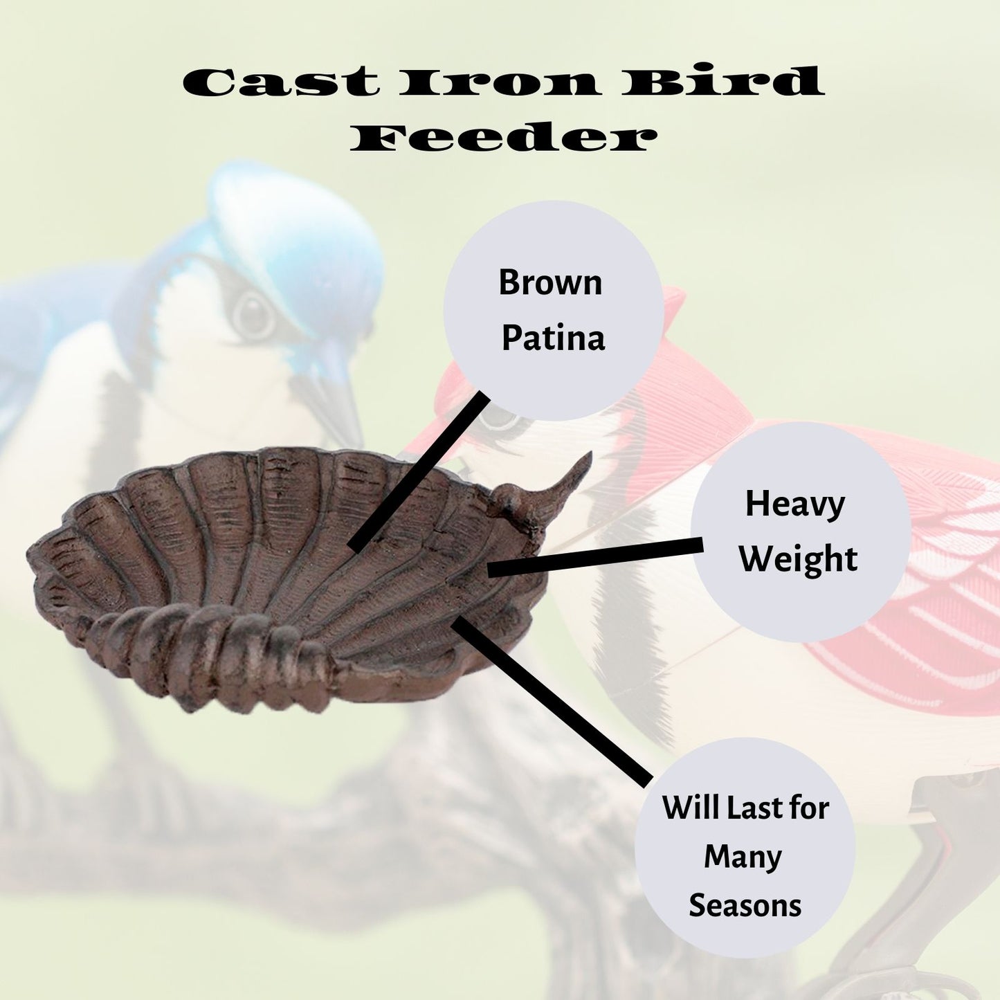 Small Wild Birds Feeder Cast Iron Scallop Shell w Bird & Moss Edged Wooden Birdhouse Outdoor Wildbird Gardening