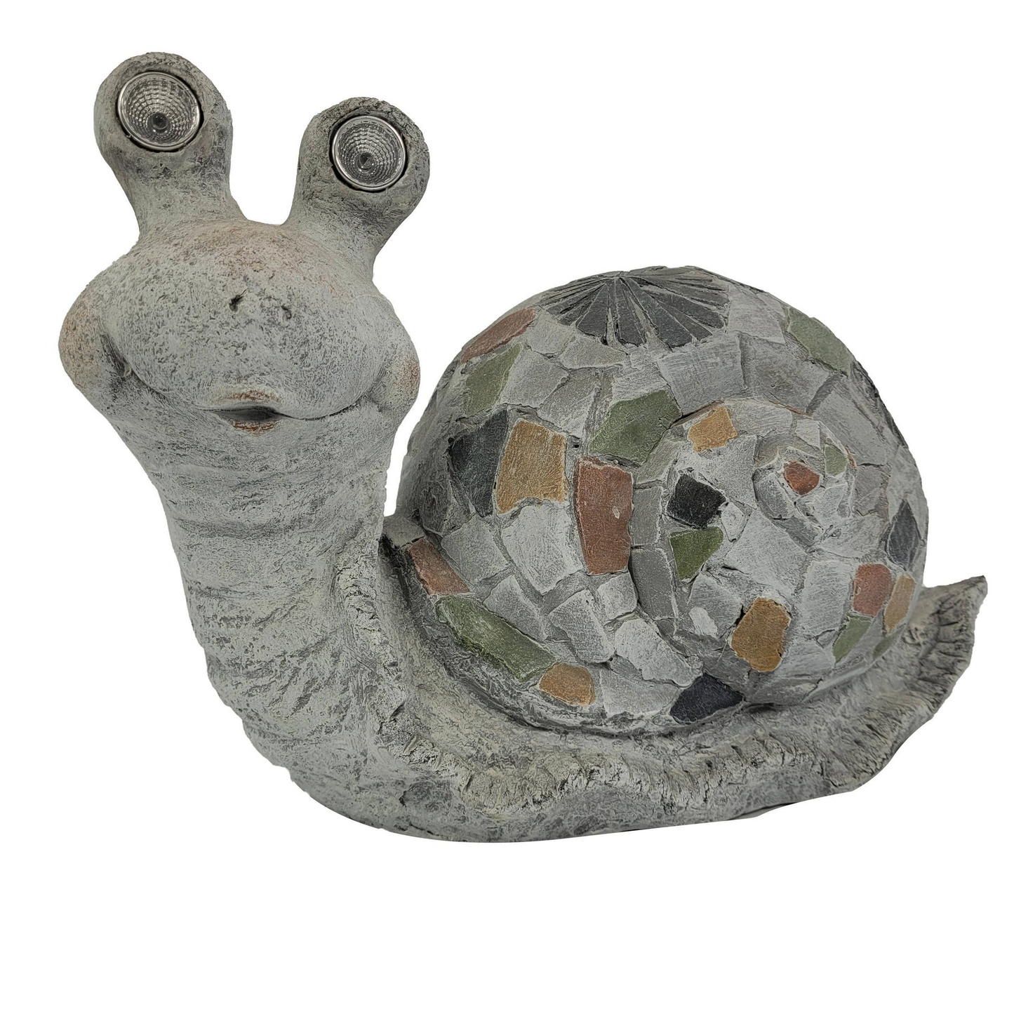Grey Mosaic Design Garden Snails Statue w Solar Power Light Eyes Faux Stone Finish 14x7x10"