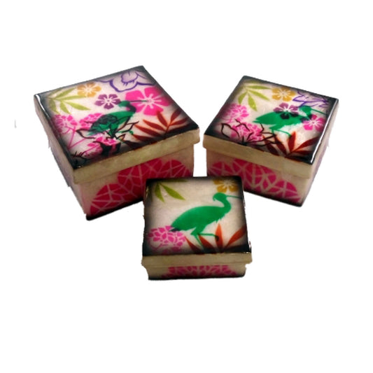 Fire Sale! Decorative Box Tropical Flowers Crane Design Capiz Shell 3 Nesting Keepsake Boxes