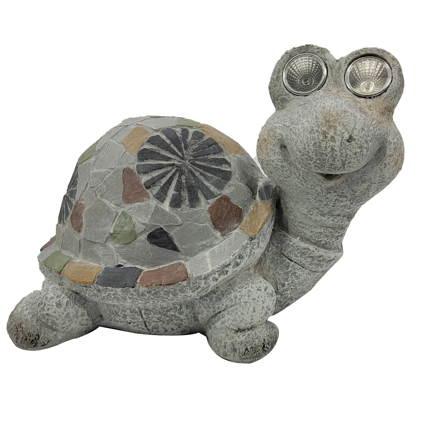 Grey Mosaic Design Garden Turtle Statue w Solar Power Light Eyes Faux Stone Finish 14x9.8x9.9"