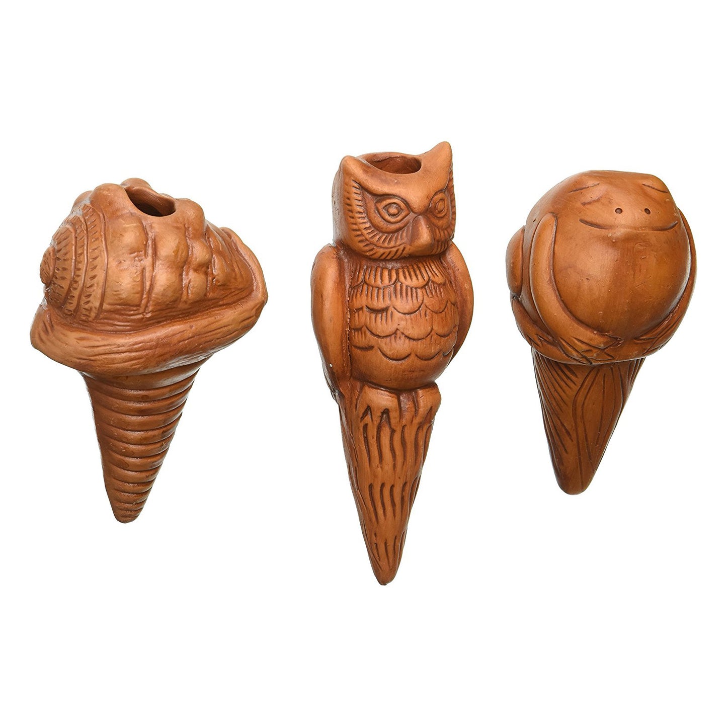 Fire Sale! Terracotta Potted Plant Watering Stakes Frog Shell Owl w Small Lotus Rain Gauge