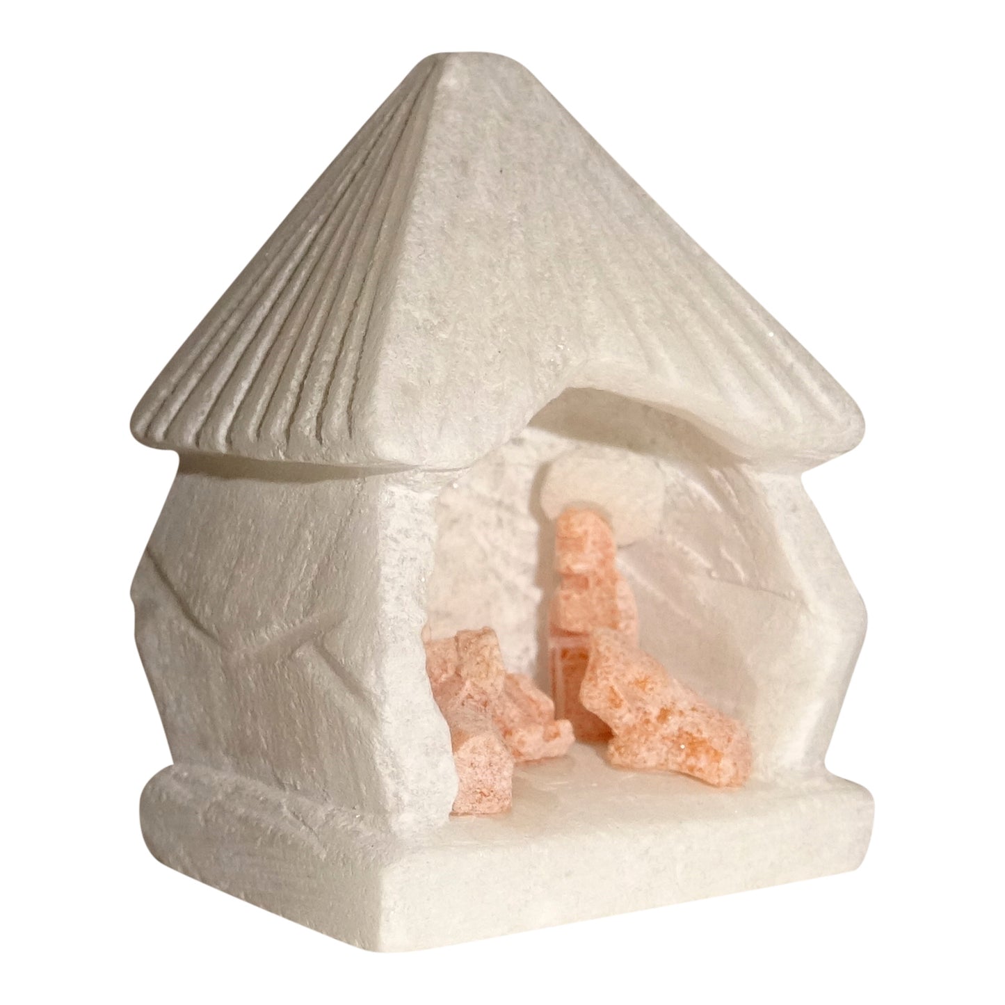 Hand Carved Huamanga Stone Tiny Pink Nativity Scene Figurines Inside White Hut